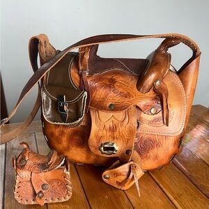 Hand-Tooled Leather Saddle Bag Shoulder Purse in Warm Tan